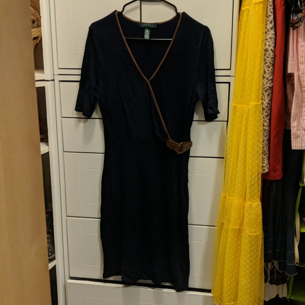 Ralph Lauren dress, navy blue with leather trim